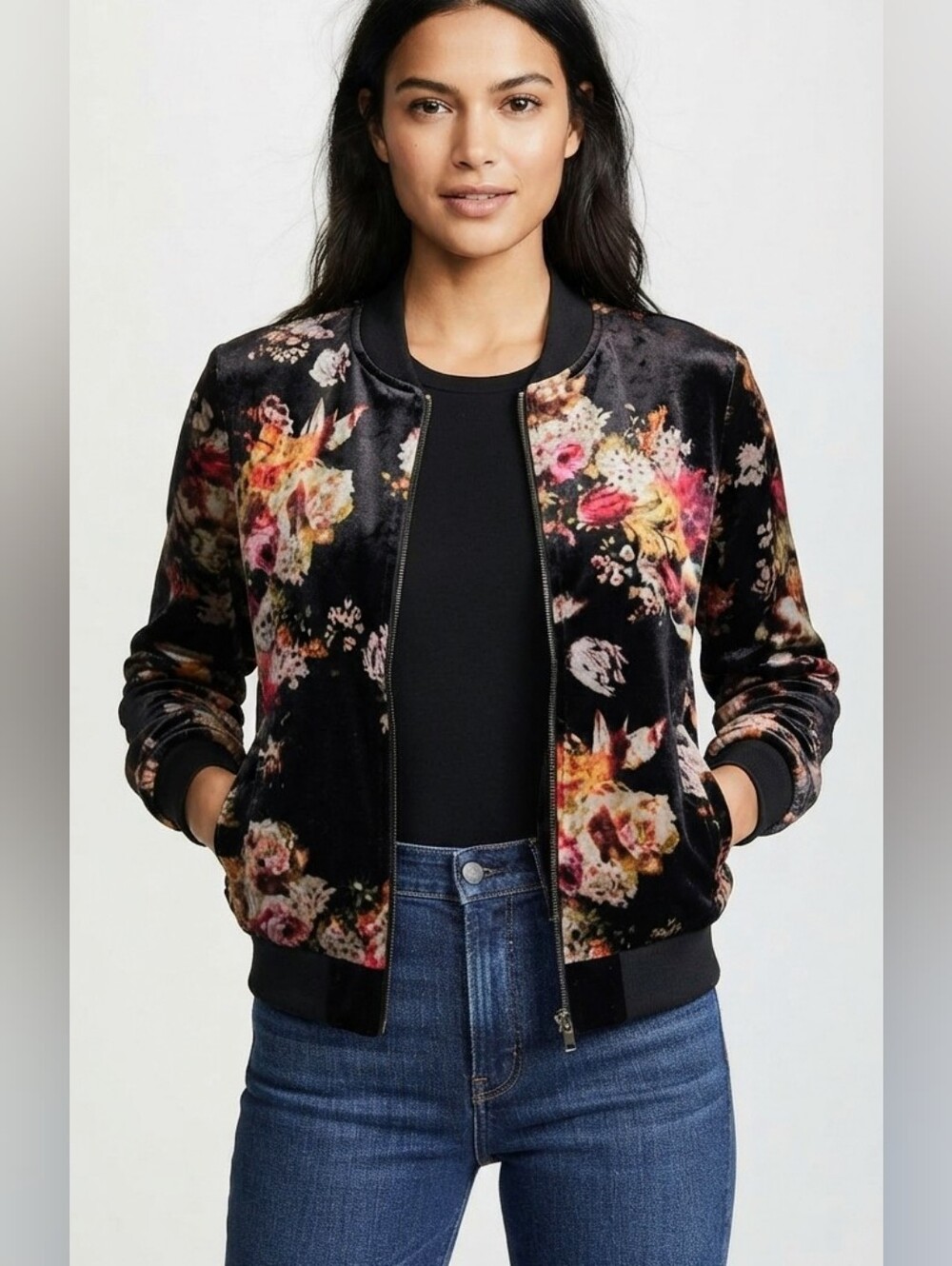 Écru Studios Black Floral Metallic Zip Up Bomber Jacket Small